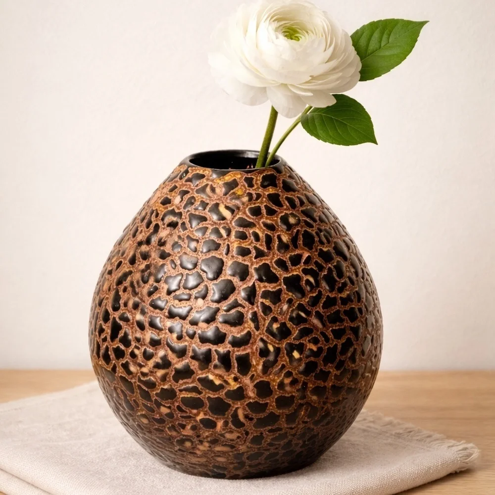 Keramik Ceramic Brown & Bronze Textured Reptile Inspired Ceramic Vase Artisan